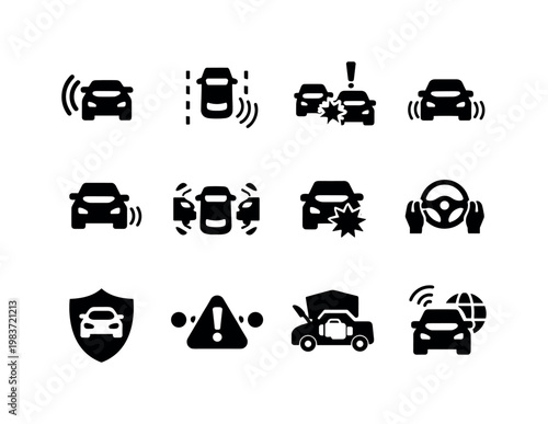 Vehicle Safety Systems. Solid icon set of Vehicle Safety Systems: blind spot monitor, lane departure warning, forward collision alert, adaptive cruise control,