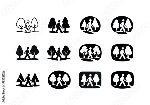 June stroll through the park. Icon set. Set Logo of June stroll through the park: walking figure among trees. harmonious logo variations of the same emblematic