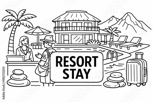 Resort Vacation Essentials. Clean outline line art banner scene of a luxury resort with receptionist and holiday guest, oversized villa and pool as the main