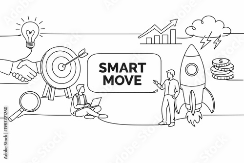Business Strategy Solutions. Clean one-line drawing banner scene of two entrepreneurs planning around an oversized target board and giant launch rocket,