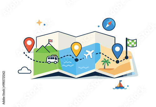Travel itinerary route centered on a folded map with a dotted line, location pins, and a few simple stop symbols that suggest a smooth trip from place to
