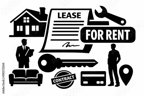 Rental Property Living. Solid glyph icon set of rental property and real estate leasing: house, apartment building, lease document, key, realtor, tenant,