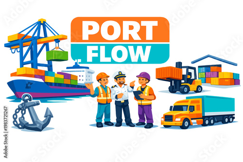 Marine Port Logistics Pack bustling harbor trade scene with two dock workers and one captain interacting with an oversized cargo ship and giant container