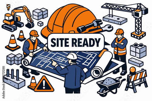 Construction Work Stories Construction Work Stories banner, two builders and an engineer around an oversized blueprint and giant safety helmet with tools and