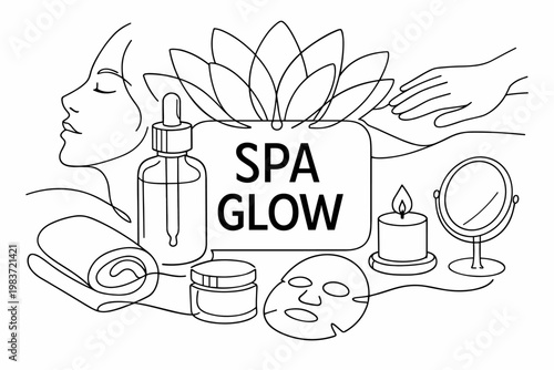 Beauty Spa Series. Clean one-line drawing composition with an oversized serum bottle and large lotus flower extending edge to edge, one woman face profile and