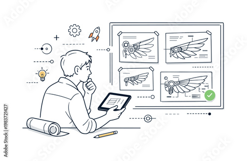 Mechanical wing design process. A designer reviewing blueprints or diagrams of mechanical wings on a board or tablet, focused and thoughtful workflow. Clean