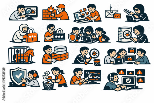 Antivirus Defense Stories flat vector digital illustration, doodle flat, thick outline, expressive characters, simple shapes, playful proportions, exaggerated