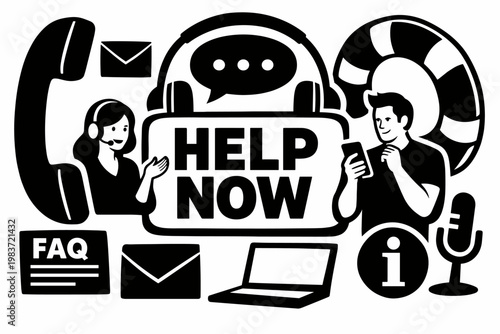 Customer Support Help Center. Clean solid/filled composition with support agent and customer beside oversized headset and giant chat bubble, large phone