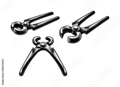 Round jaw tongs, blacksmith round jaw tongs with semicircular gripping ends, long tapering reins, and riveted joint, shown as the same object in side view,