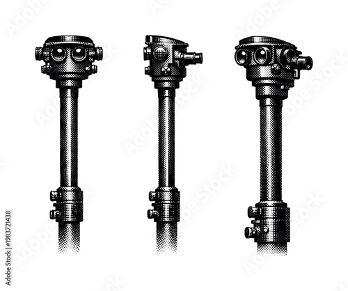 Observation submarine periscope. An observation-focused submarine periscope represented as a single object in three viewpoints emphasizing optical head