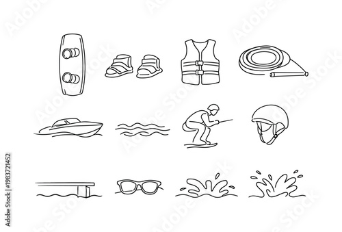 Beginner Wakeboarding Essentials. Minimalistic set one-line drawing [wakeboard front view, bindings straps, life vest, tow rope coil, handle bar, speedboat