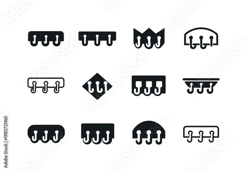Designing a stylish and functional mudroom space. Icon set. Set Logo of designing a stylish and functional mudroom space: wall hooks. harmonious logo