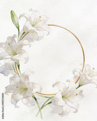 Delicate white lilies curl around a slender golden ring