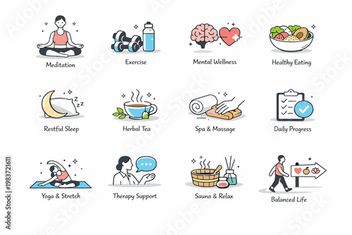 Healthy Living Wellness. Fitness, mental health, relaxation, nutrition, sleep and holistic self care. minimalist editorial vector scenes: a person meditates in