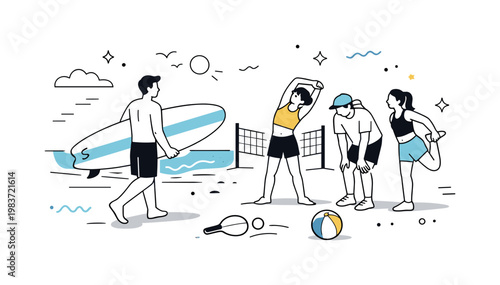 Surfing and Beach Sports. A surfer carrying a board walks toward the shoreline while friends stretch nearby for a casual beach game. The scene feels active,