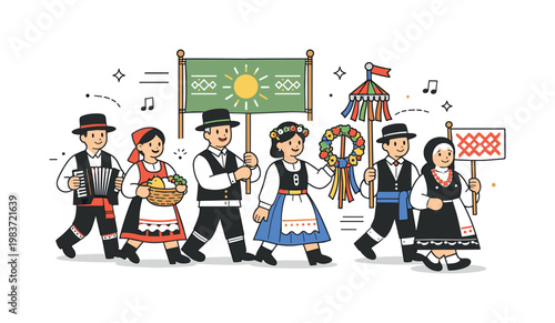 Folk parade uniforms. People in traditional uniforms walk side by side carrying banners and festival items, expressing pride, community, and cultural identity.