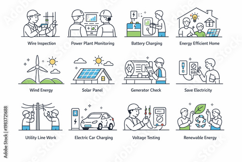 Electrical Energy Outline Icons. Electricity, batteries, renewable power, charging, engineers, utilities, home energy, and sustainable technology. minimalist
