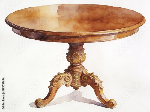 Watercolor of a round wooden table with ornate legs