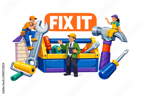 Handyman Repair Workshop Set busy renovation scene with two repair workers and one contractor interacting with an oversized toolbox and giant wrench, hammer