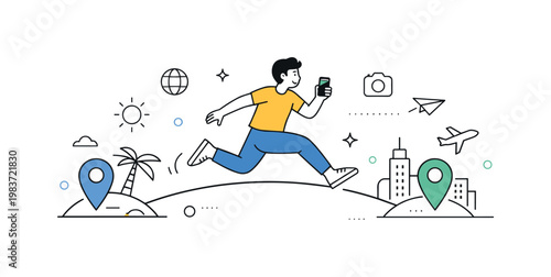 Instant travel. A person holding a device and jumping between two distant locations connected by a simple line, expressing convenience and modern technology.