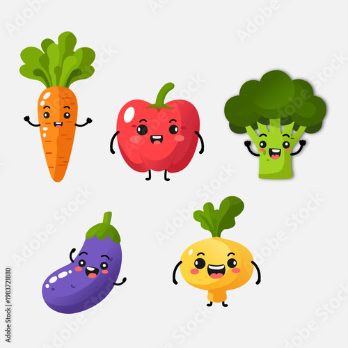 Cute Vegan Food Character Collection Vector Illustration. Broccoli, Carrot, Eggplant, Fruits Mascots, Healthy Cartoon Icons for Kids Design, Sticker, Logo and Branding