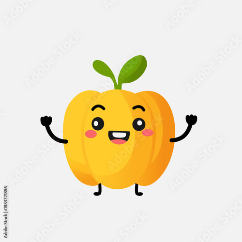  Cute Yellow Pepper Character Vector Illustration. Funny Bell Pepper Mascot, Healthy Vegan Food Icon in Cartoon Style for Kids Design, Sticker, Logo, Packaging Content.