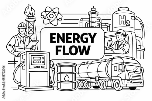 Fuel Energy Resources. Clean outline line art banner scene of an industrial energy site with worker and driver, oversized fuel pump and oil barrel as the main