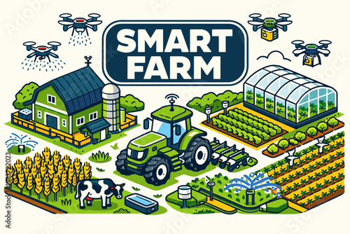 Smart Farm Systems Smart Farm Systems clean focused isometric hero scene with oversized farmhouse and automated tractor, one greenhouse block, a few small