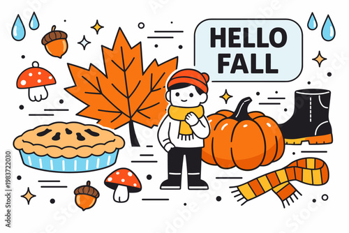 Autumn Season Moments. Autumn, harvest, seasonal weather, school return, holidays and cozy fall objects. minimalist editorial vector scenes: a pumpkin and