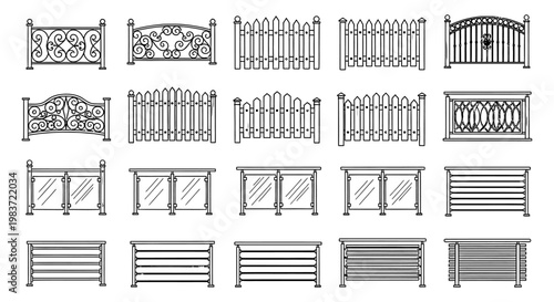 fence railing balustrade picket fence and iron fence outline icon collection vector illustration of different types for architectural design.