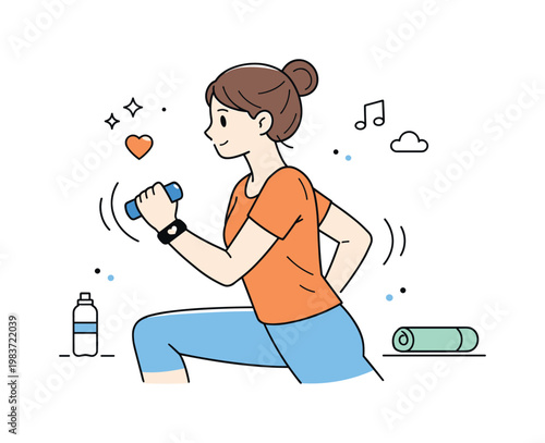 Fitness tracker during workout. A person exercising lightly with a fitness band visible on the wrist and motion lines around the arm. Active lifestyle, gentle