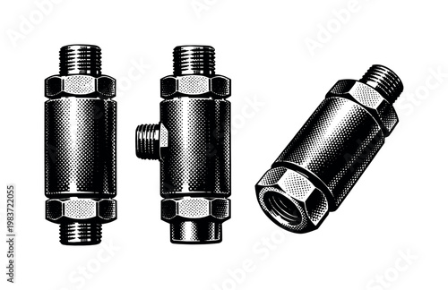 Flashback arrestor shown as the same safety device in front view, side profile, and angled view with realistic proportions and detailed cylindrical body, hex