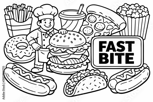 Fast Food Snacks. Clean outline line art banner of street fast food with cook beside oversized burger and pizza slice, hot dog and soda cup reaching all four