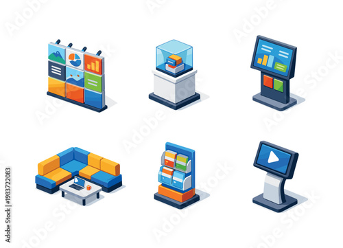 Project showcase. Isometric flat vector icons set of Project showcase: modular display wall, prototype pedestal, info panel stand, team seating area, brochure