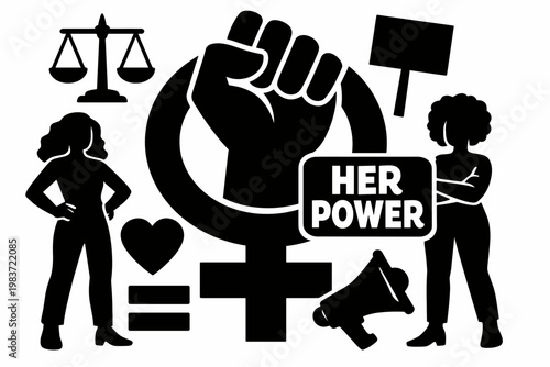 Women Rights Power. Solid glyph icon set of empowerment feminism and women's rights: raised fist, female symbol, balance scale, equal sign, protest sign,