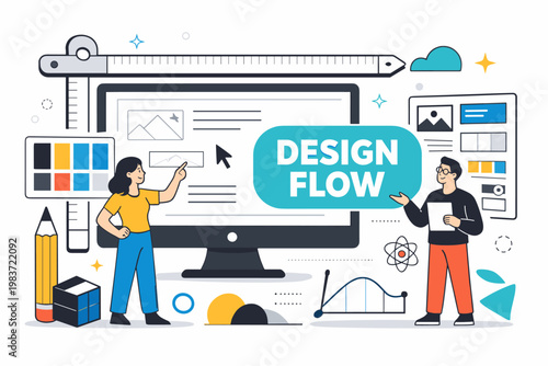 Design Creative Systems. Multidisciplinary design process scene with designer and creative director beside oversized monitor and drafting tool reaching all