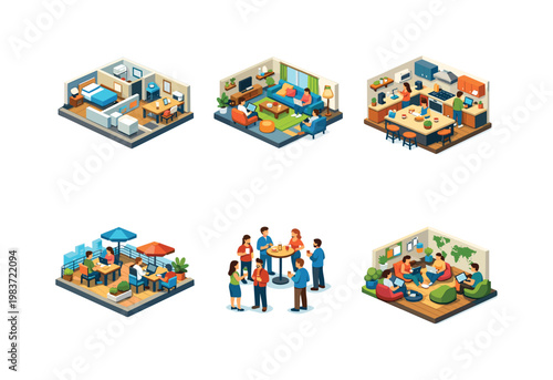 Work-life integration. Isometric flat vector icons set of work-life integration: beachside laptop setup, wellness routine tracker, fitness and work combo
