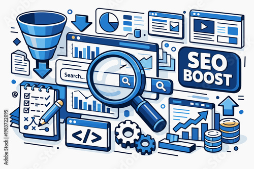 Search Engine SEO Search Engine SEO collection of isometric vector icons showing search bar, magnifying glass, analytics chart, optimization gear, web page,