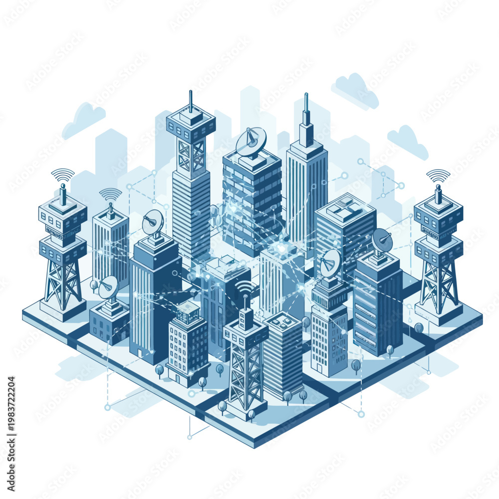Fototapeta premium Isometric Cityscape with Communication Towers and Modern Buildings.