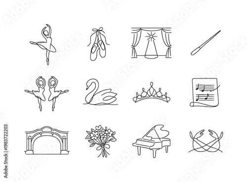 Ballet Ensemble Performance. Minimalistic set one-line drawing [ballerina, pointe shoes, tutu, stage curtain, star spotlight, conductor baton, mirrored
