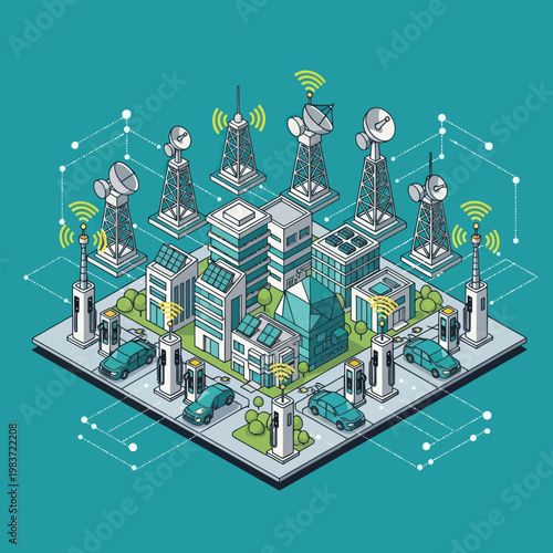 Isometric Smart City with Electric Vehicles and Communication Towers.