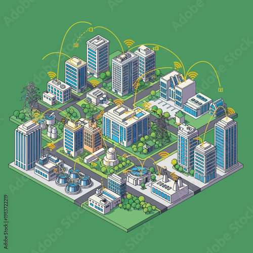 Isometric Smart City Illustration with Wireless Connectivity and Modern Architecture.