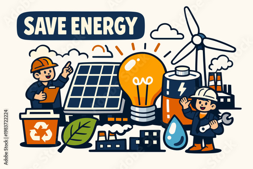 Saving Energy Stories flat vector digital illustration, doodle flat, thick outline, expressive characters, simple shapes, playful proportions, exaggerated