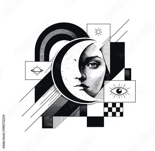 abstract surreal object, overlapping arches diagonal lines abstract rectangles and minimal symbolic icons, black and white human face fused with a crescent
