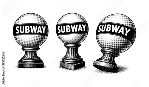 Subway entrance globe sign with spherical lamp housing and metal base, illustrated as a single realistic globe sign shown in three views including straight-on,