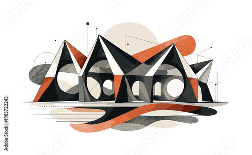floating city block with stacked platforms and circular shadows, abstract modular geometry and lines, black and white urban structure with red accent elements,