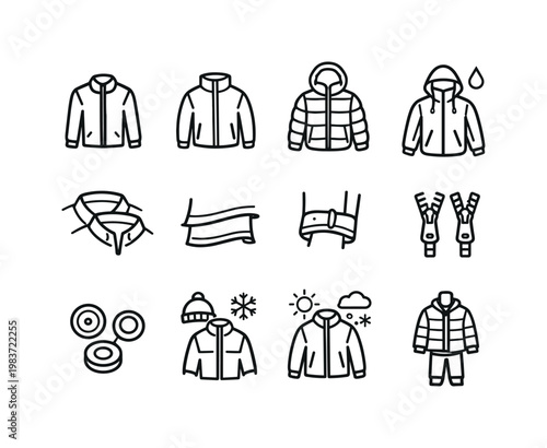 Layered Outerwear. Line icon set of Layered Outerwear: lightweight jacket, fleece jacket, insulated jacket, waterproof shell, layered collar, overlapping hems,