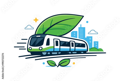 Sustainable urban transport subway train paired with a leaf, skyline, and simple movement lines communicates lower emissions, shared mobility, and a cleaner