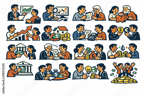 Investment Finance Stories flat vector digital illustration, doodle flat, thick outline, expressive characters, simple shapes, playful proportions, exaggerated