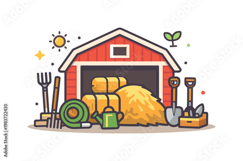 Seasonal farming preparation showing readiness for upcoming work, a barn filled with fresh hay and neatly placed tools arranged for easy access suggesting